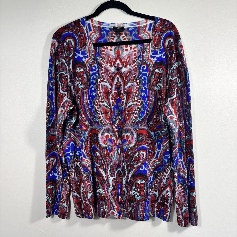 Talbots Womens Plus 2X Cardigan Sweater Merino Wool Button Paisley Career Work